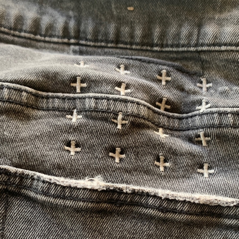 Ksubi men 33” Gray Denim with White Cross Stitching distressed jeans